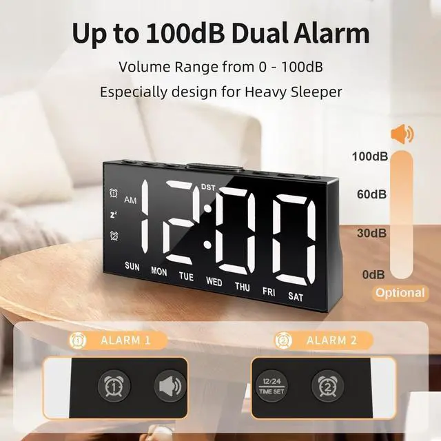 Alt view image 5 of 7 - Digital Alarm Clock with Large Display Big Bold Numbers, Dimmer, 2 USB Charging Ports, Snooze, Small Table Desk Clock for Bedroom, Living Room, Clock for Heavy Sleepers