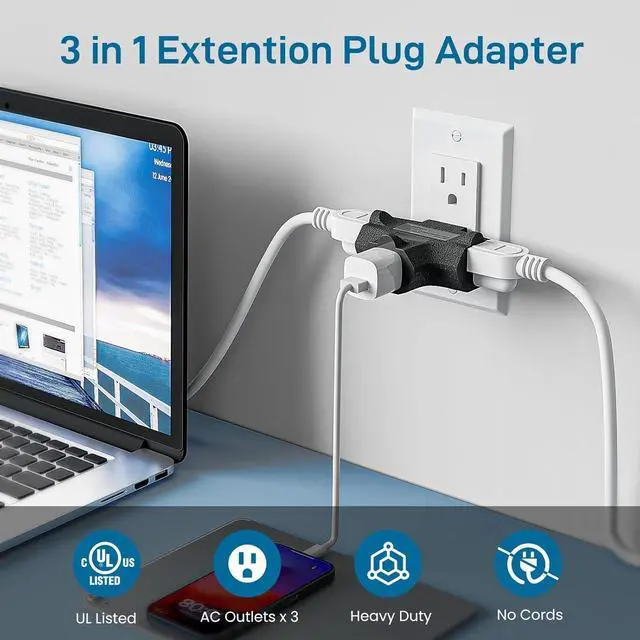 Alt view image 3 of 7 - K KASONIC - 3-Outlet Grounding Adapter, [UL Listed] Plug Extender, Heavy-Duty Grounded Power Tap - 3 Pack (Black)