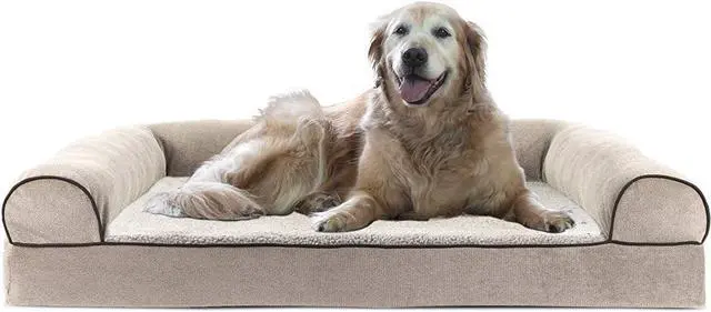 Main image of Furhaven Cooling Gel Dog Bed for Large Dogs w/ Removable Bolsters & Washable Cover, For Dogs Up to 95 lbs - Sherpa & Chenille Sofa - Cream, Jumbo/XL