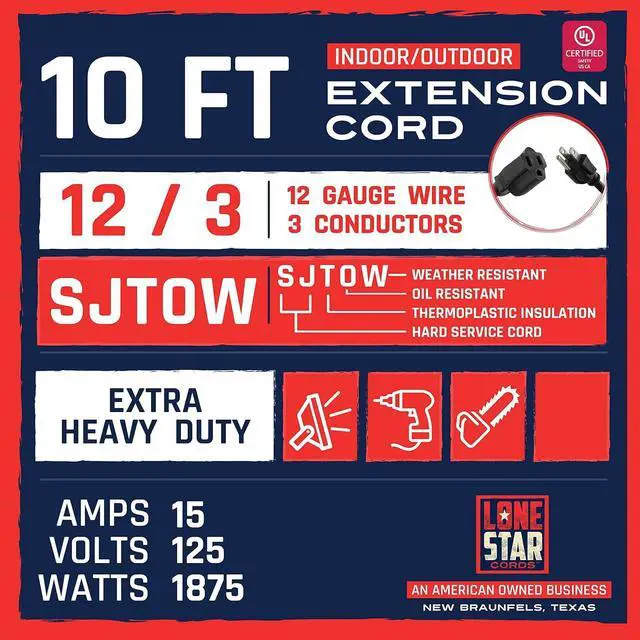 Alt view image 2 of 5 - Lone Star Oil Resistant Heavy Duty Outdoor Extension Cord 10 Ft for Farms & Ranches - SJTOW 12 Gauge Cord with 3 Prong - Industrial & Appliance Cord 12 AWG, 15 AMP Black 10 Foot