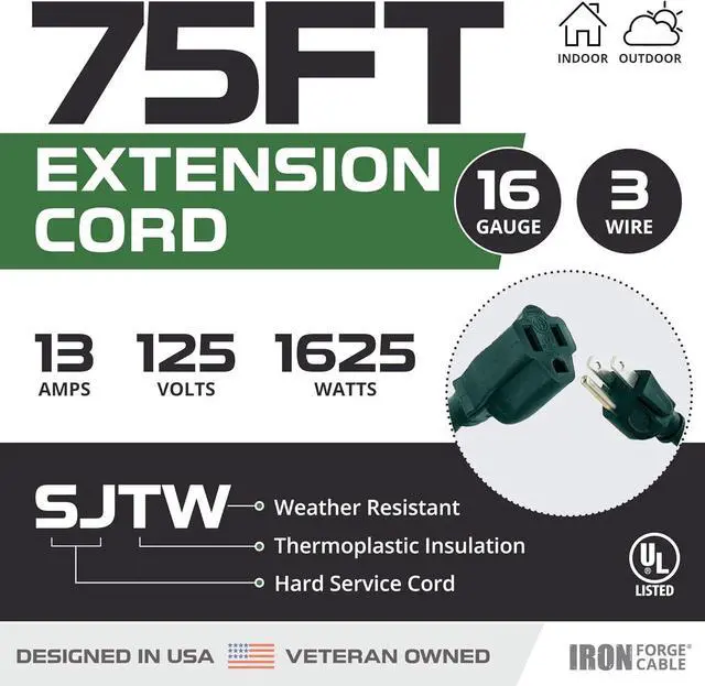 Alt view image 2 of 7 - Iron Forge Cable Weatherproof 75 Ft Outdoor Extension Cord - 16/3 SJTW Heavy Duty Green Extension Cord 3 Prong - 10 Amp Exterior Power Cable