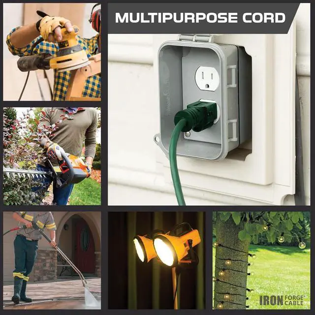 Alt view image 4 of 7 - Iron Forge Cable 2 Pack Weatherproof 20 Ft Outdoor Extension Cord - 16/3 SJTW Heavy Duty Green Extension Cord 3 Prong - 13 Amp Exterior Power Cable