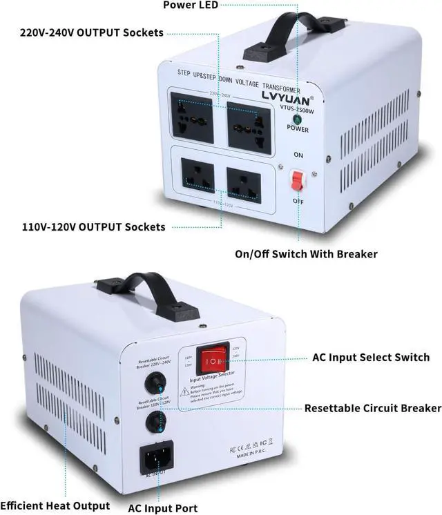 Alt view image 2 of 7 - LVYUAN 2500W Voltage Transformer Power Converter Step Up 110V to 220V, Step Down 220V to 110V, 110/120 Volt - 220/240 Volt