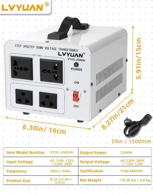Alt view image 7 of 7 - LVYUAN 2500W Voltage Transformer Power Converter Step Up 110V to 220V, Step Down 220V to 110V, 110/120 Volt - 220/240 Volt