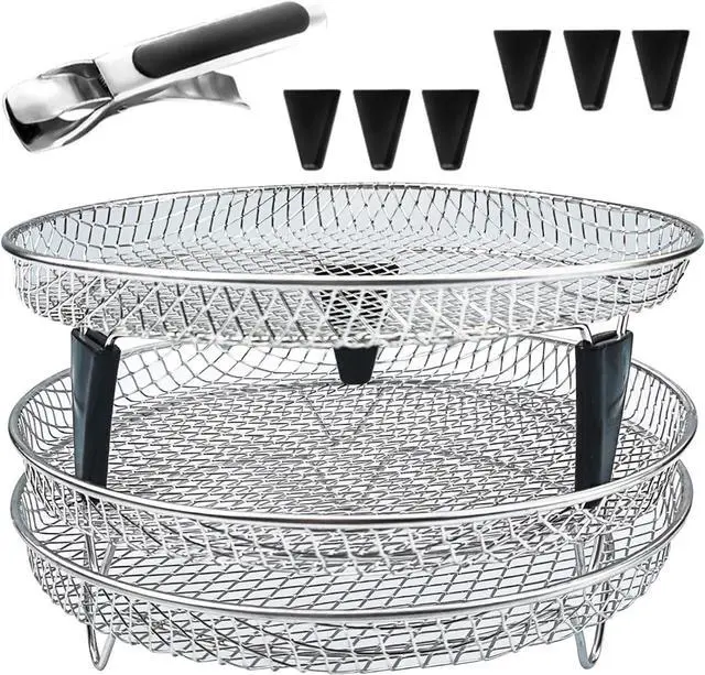 Main image of Upgrade Air Fryer Rack, Three Stackable Dehydrator Racks with spare clip and silicone feet,Stainless Steel Air Fryer Accessories Round Air Fryer Rack (Round)