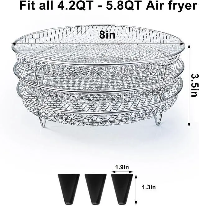 Alt view image 2 of 7 - Upgrade Air Fryer Rack, Three Stackable Dehydrator Racks with spare clip and silicone feet,Stainless Steel Air Fryer Accessories Round Air Fryer Rack (Round)