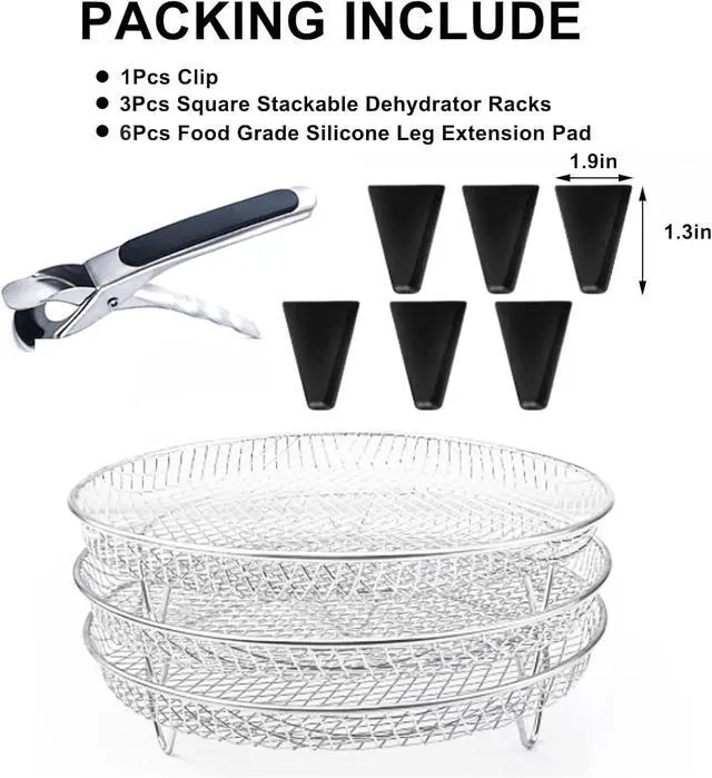 Alt view image 7 of 7 - Upgrade Air Fryer Rack, Three Stackable Dehydrator Racks with spare clip and silicone feet,Stainless Steel Air Fryer Accessories Round Air Fryer Rack (Round)