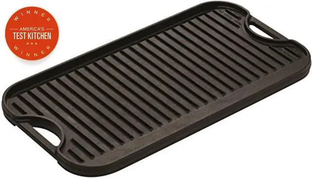 Alt view image 3 of 4 - Lodge 20 x 10.44 Inch Pro-Grid Reversible Cast Iron Grill/Griddle  Double Burner Cookware, Pre-Seasoned, Non-Toxic, Made in USA, For Stovetop, Oven, Grill & Campfire