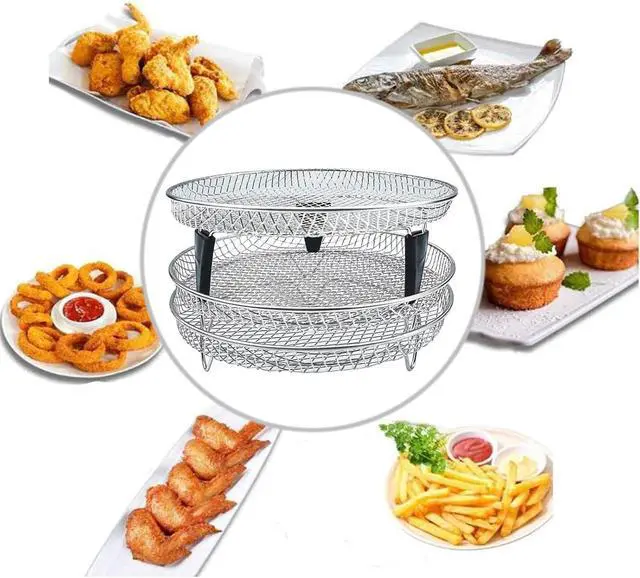 Alt view image 5 of 7 - Upgrade Air Fryer Rack, Three Stackable Dehydrator Racks with spare clip and silicone feet,Stainless Steel Air Fryer Accessories Round Air Fryer Rack (Round)