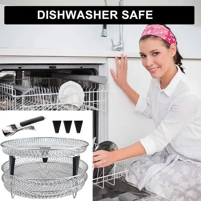 Alt view image 6 of 7 - Upgrade Air Fryer Rack, Three Stackable Dehydrator Racks with spare clip and silicone feet,Stainless Steel Air Fryer Accessories Round Air Fryer Rack (Round)