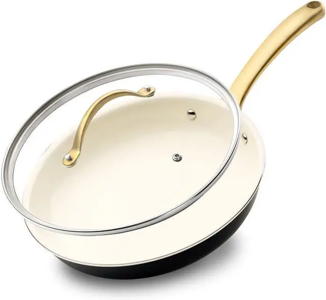 Main image of NutriChef 12-Inch Professional Ceramic Frying Pan With Lid - Large Skillet with Golden Titanium Handle, Non-Stick Ceramic Coating, Stain-Resistant, Easy to Clean, Ideal for Home Cooking