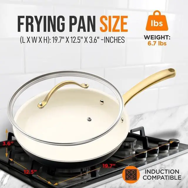 Alt view image 3 of 6 - NutriChef 12-Inch Professional Ceramic Frying Pan With Lid - Large Skillet with Golden Titanium Handle, Non-Stick Ceramic Coating, Stain-Resistant, Easy to Clean, Ideal for Home Cooking