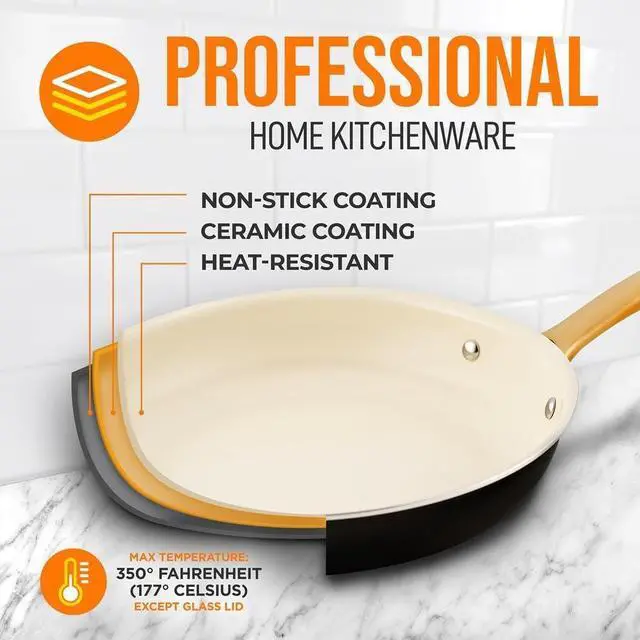 Alt view image 4 of 6 - NutriChef 12-Inch Professional Ceramic Frying Pan With Lid - Large Skillet with Golden Titanium Handle, Non-Stick Ceramic Coating, Stain-Resistant, Easy to Clean, Ideal for Home Cooking