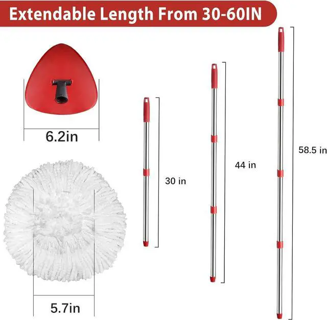 Alt view image 4 of 6 - 2 Spin Mop Head Replacement, 1 Base, 1 Mop Handle (30-58in) Combo Mops Set Compatible with OCedar EasyWring RinseClean Microfiber Mops (White (1-Tank System))