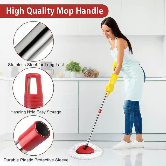 Alt view image 5 of 6 - 2 Spin Mop Head Replacement, 1 Base, 1 Mop Handle (30-58in) Combo Mops Set Compatible with OCedar EasyWring RinseClean Microfiber Mops (White (1-Tank System))