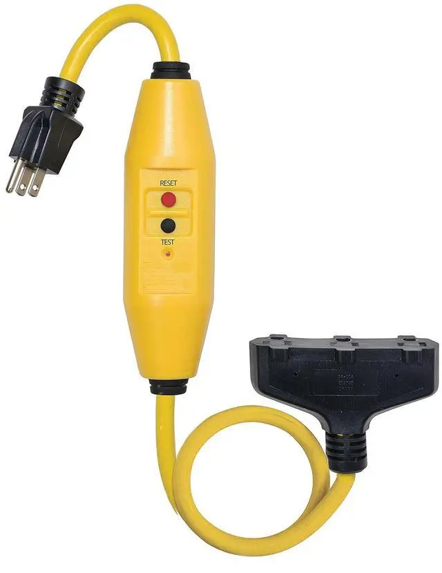 Main image of Tower Manufacturing 30438024 Auto-Reset 15 AMP Inline GFCI Triple Tap Cord, 2 Feet, Yellow