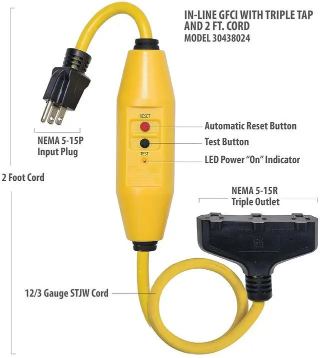 Alt view image 2 of 3 - Tower Manufacturing 30438024 Auto-Reset 15 AMP Inline GFCI Triple Tap Cord, 2 Feet, Yellow