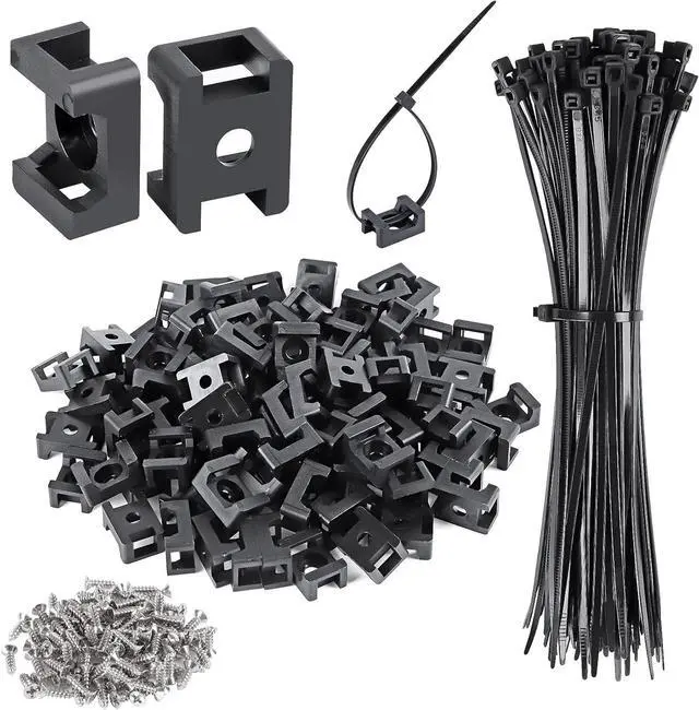Main image of 100 Pcs Cable Zip Tie Saddle Type Mounts Base with 8" Cable Ties Tapping Screw, Wire Cable Clips Organizer Holders Clamps Black