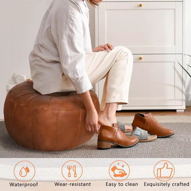 Alt view image 3 of 6 - Thgonwid Unstuffed Moroccan Storage Pouf Foot Stool Ottoman Seat Handmade Faux Leather Bean Bag Floor Chair Foot Rest for Living Room, Bedroom or Balcony (Light Brown)