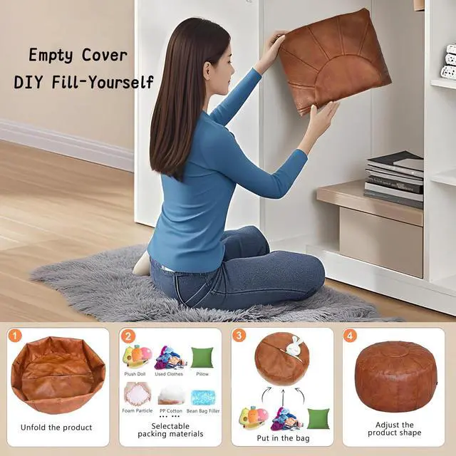 Alt view image 4 of 6 - Thgonwid Unstuffed Moroccan Storage Pouf Foot Stool Ottoman Seat Handmade Faux Leather Bean Bag Floor Chair Foot Rest for Living Room, Bedroom or Balcony (Light Brown)