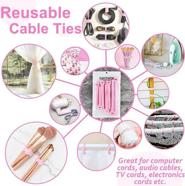 Alt view image 3 of 6 - 70pcs Cable Ties Reusable Pink Wire Ties Cable Management Cord Ties Reusable for Electronics Hook and Loop Cable Ties for Computer 4 6 8 Inch