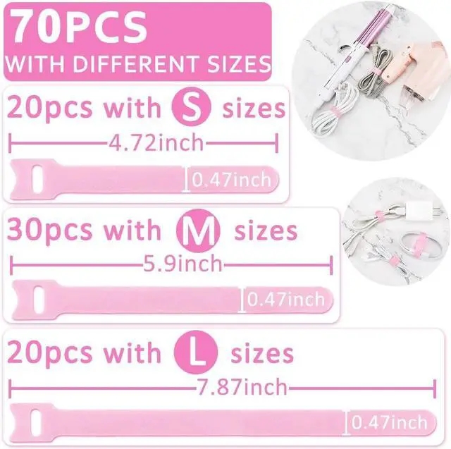 Alt view image 4 of 6 - 70pcs Cable Ties Reusable Pink Wire Ties Cable Management Cord Ties Reusable for Electronics Hook and Loop Cable Ties for Computer 4 6 8 Inch