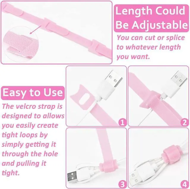Alt view image 6 of 6 - 70pcs Cable Ties Reusable Pink Wire Ties Cable Management Cord Ties Reusable for Electronics Hook and Loop Cable Ties for Computer 4 6 8 Inch
