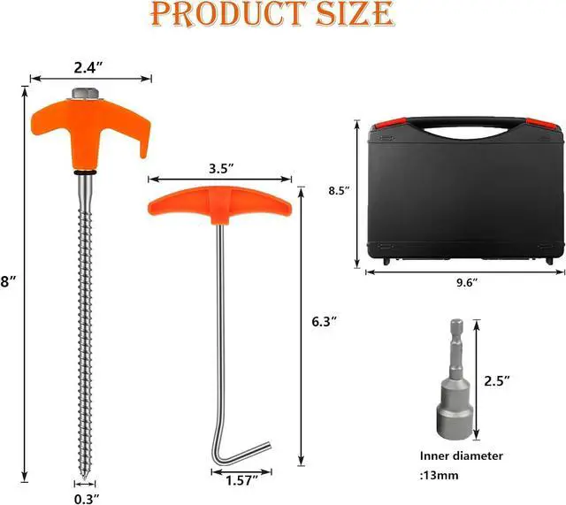 Alt view image 3 of 7 - 8" Tent Stakes Heavy Duty 12 Pack, Screw in Tent Stakes, Metal Threaded Camping Stakes, Ground Anchors for Canopies, Gardening and Inflatable Decor, with Hex Socket, Stake Puller and Storage Box