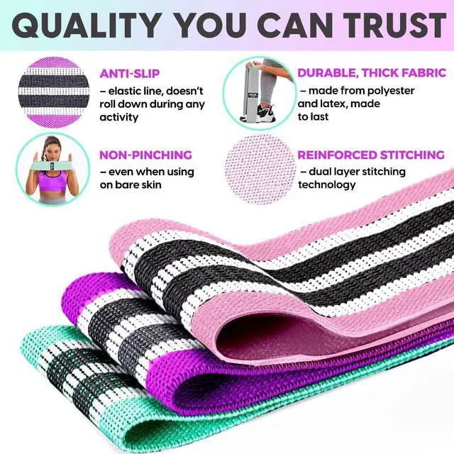 Alt view image 3 of 7 - Fabric Resistance Bands for Women & Men  4 Durable Exercise Bands for Working Out, Non-Slip & Non-Pinching Workout Bands  Multiple Resistance Levels Booty Bands for Legs Butt Glutes Hips Abs & More.