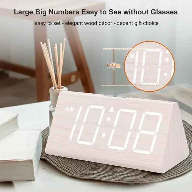 Alt view image 3 of 6 - DreamSky Wooden Digital Alarm Clock for Bedroom - Living Room Desk Clock with Large Numbers, Bedside Nightstand Clock with USB Port, Adjustable Volume, Dimmer, Snooze, DST, Office Wood Décor, Gifts