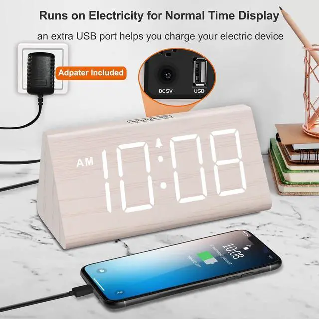 Alt view image 4 of 6 - DreamSky Wooden Digital Alarm Clock for Bedroom - Living Room Desk Clock with Large Numbers, Bedside Nightstand Clock with USB Port, Adjustable Volume, Dimmer, Snooze, DST, Office Wood Décor, Gifts