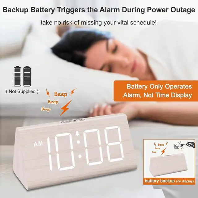 Alt view image 5 of 6 - DreamSky Wooden Digital Alarm Clock for Bedroom - Living Room Desk Clock with Large Numbers, Bedside Nightstand Clock with USB Port, Adjustable Volume, Dimmer, Snooze, DST, Office Wood Décor, Gifts