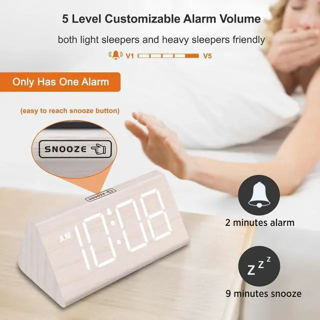 Alt view image 6 of 6 - DreamSky Wooden Digital Alarm Clock for Bedroom - Living Room Desk Clock with Large Numbers, Bedside Nightstand Clock with USB Port, Adjustable Volume, Dimmer, Snooze, DST, Office Wood Décor, Gifts