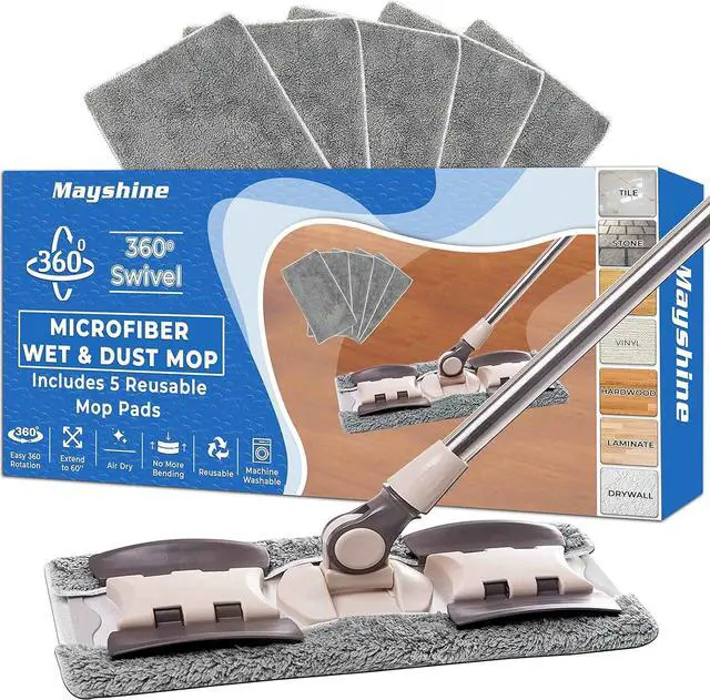 Main image of MAYSHINE Microfiber Hardwood Floor Wet and Dry Dust Mop w/ 5 Reusable Pads, 360 Spin Mop System | Use on Wood, Tile, Laminate, Vinyl and More | Flat Mop with 60" Extendable Stainless Steel Handle