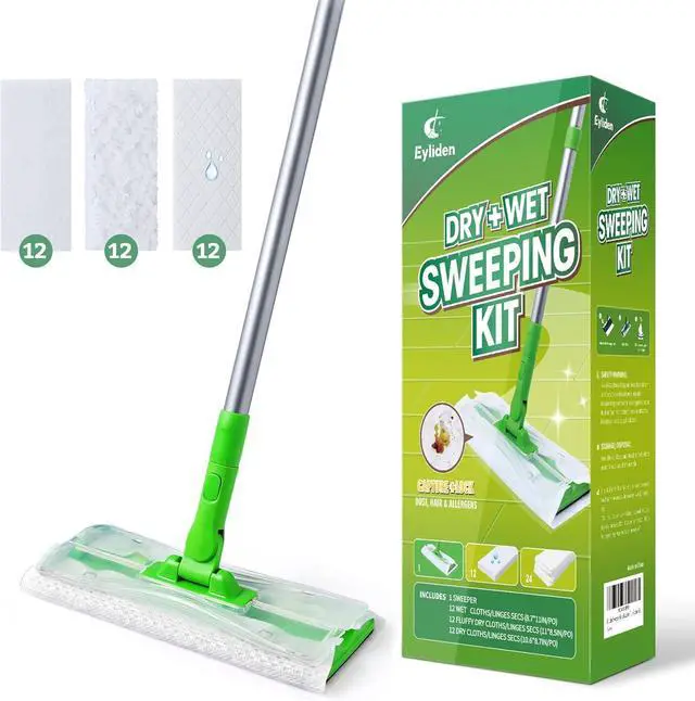 Main image of Eyliden Sweeper Mop - Lock Tight Design No Lost Pads - 36 Disposable Dry & Wet Cloths, Dust Mop Starter Kit for Pet Hair, Hardwood Floors, 360 Swivel, Universal Refills, Efficient Floor Cleaning