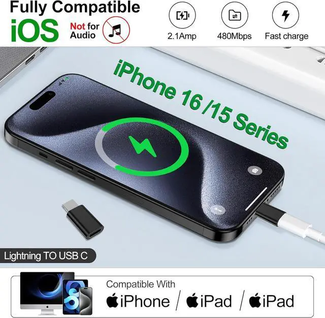 Alt view image 3 of 6 - Lightning to USB C Adapter for iPhone 16/15 Pro Max/Pro,Samsung S24,Nintendo Switch,Support Charging,Not for Audio,Type C Charger Connector,for iPhone 16/15 Charger