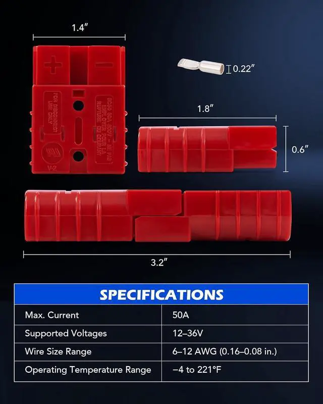 Alt view image 3 of 7 - Orion Motor Tech Wire Connector 4 Pack, 50A Wire Harness Plug Kit for 6-12 Gauge Cables, 12V-36V Battery Quick Connect Disconnect Set for Car Bike ATV Winches Lifts Motors More, Set of 4, Red