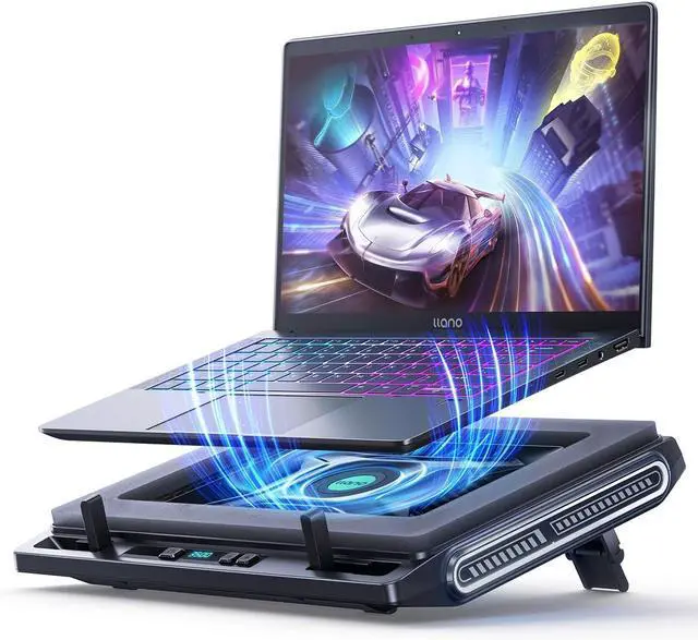 Main image of llano Laptop Cooler, Gaming Laptop Cooling Pad with 3500RPM Turbofan, 4.72 Inch External Fan Laptop Stand, Adjustable Variable Speed, Button Control, Seal Foam for Rapid Laptop13-17.3in, V10, Black