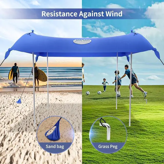 Alt view image 6 of 7 - UMARDOO Family Beach Tent Canopy Sun Shade Portable 10×10FT, Large Wind Resistance Beach Sun Shelter Easy Setup with Packable Carry Bag for Outdoor Travel UPF 50+ (Blue)
