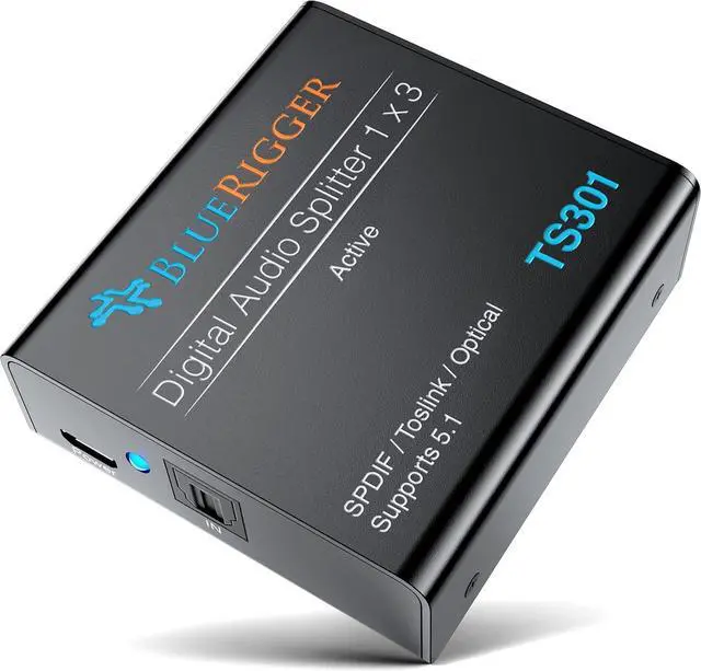 Main image of BlueRigger Digital Optical Audio Splitter (Active Toslink Splitter 1 in 3 Out, SPDIF, Fiber Optic Adapter) - Compatible with Home Theatre, Xbox, PS4, DVD, Receiver, TV, LPCM2.0, DTS, Dolby Digital