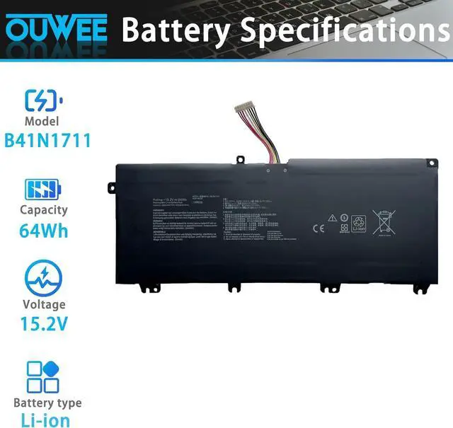 Alt view image 2 of 6 - B41N1711 Laptop Battery Compatible with Asus TUF Gaming FX705DT-AU068T FX705DD FX705DU FX705DY-AU072 FX705GM FX705GE FX705GD Series B41Bn95 B41Bn9H 15.2V 64Wh 4110mAh(Long Cable)