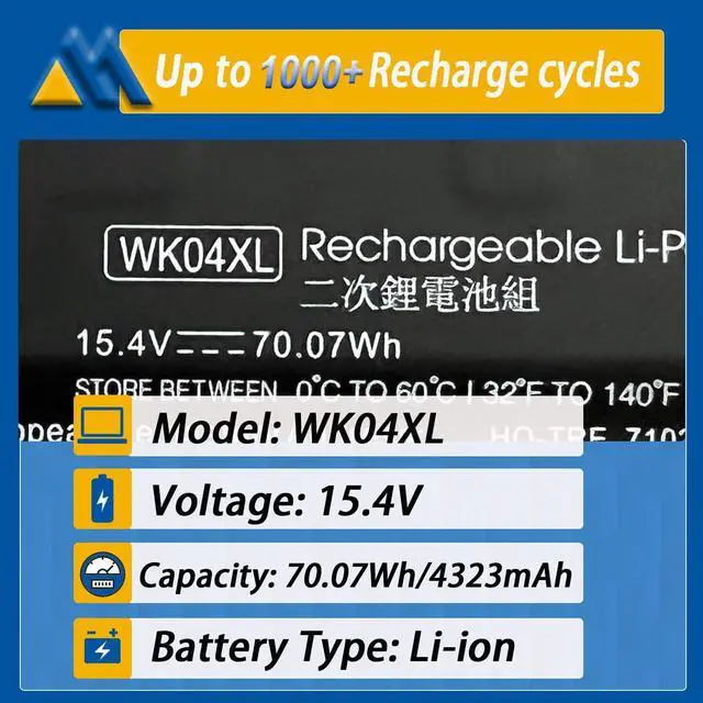 Alt view image 2 of 6 - 70.07Wh WK04XL Laptop Battery Replacement for Hp Victus 16-b 16-c 16-d 16-e Series 16-D0013DX 16-D0001UR 16-D1113TX 16-E0005UA 16-E0029UR 16-E0194NW HSTNN-OB2C M38822-AC1 4-Cell