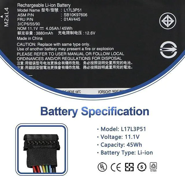 Alt view image 2 of 7 - ANTIEE 01AV445 L17L3P51 Battery Compatible with Lenovo ThinkPad E480 E490 E485 E495 E580 E585 E590 E595 E14 E15 Series SB10K97606 SB10K97608 01AV447 01AV448 L17C3P51 L17M3P52 SB10K97609 11.1V 45Wh