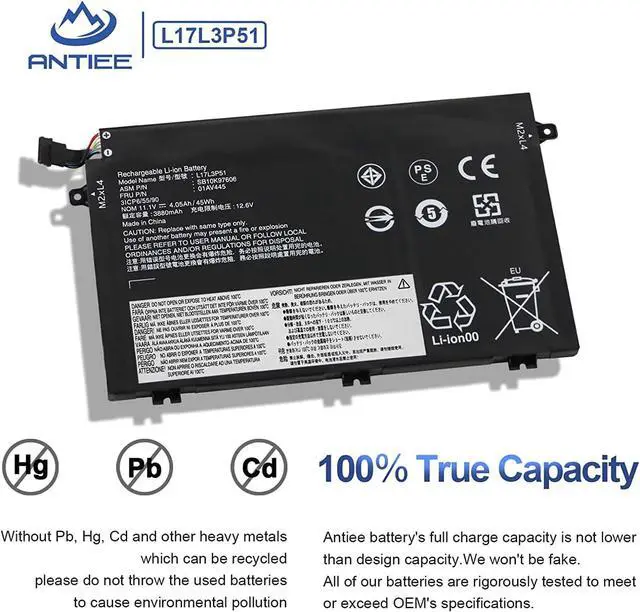 Alt view image 4 of 7 - ANTIEE 01AV445 L17L3P51 Battery Compatible with Lenovo ThinkPad E480 E490 E485 E495 E580 E585 E590 E595 E14 E15 Series SB10K97606 SB10K97608 01AV447 01AV448 L17C3P51 L17M3P52 SB10K97609 11.1V 45Wh