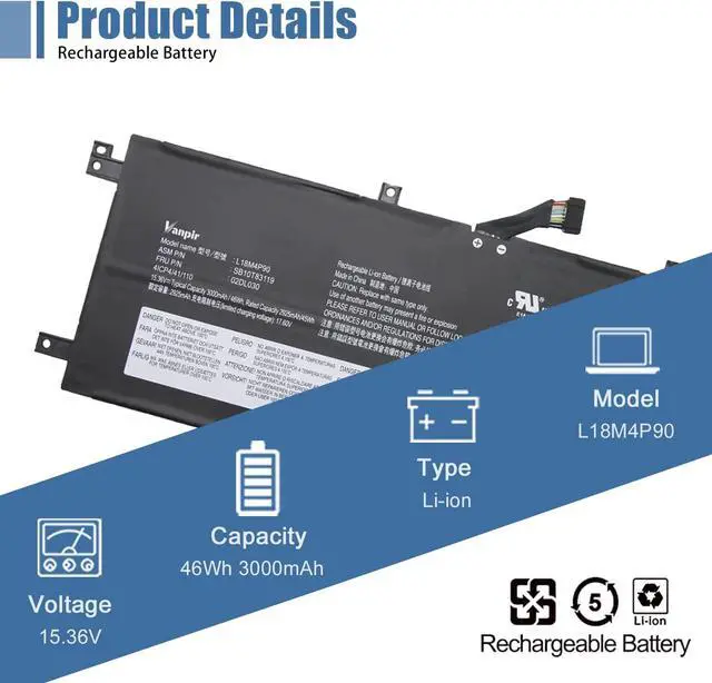 Alt view image 2 of 7 - L18M4P90 Laptop Battery Replacement for Lenovo ThinkPad L13 Yoga Series SB10T83120 L18D4P90 L18C4P90 02DL032 5B10W13933 02DL030 SB10T83119 02DL031 5B10W13934 5B10W13935 15.36V 46Wh 3000mAh