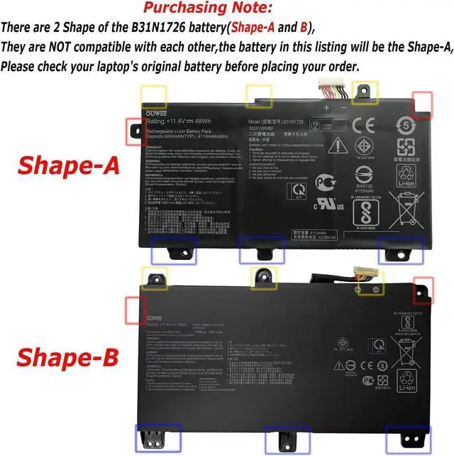 Alt view image 4 of 6 - B31N1726 Battery for Asus FX80 FX86 TUF FX504 FX504G FX504GD FX504GE FX504GM FX505 FX505DT FX505DV FX505DU A15 FA506IU A17 FA706II Serie 11.4V 48Wh(Shape-A)