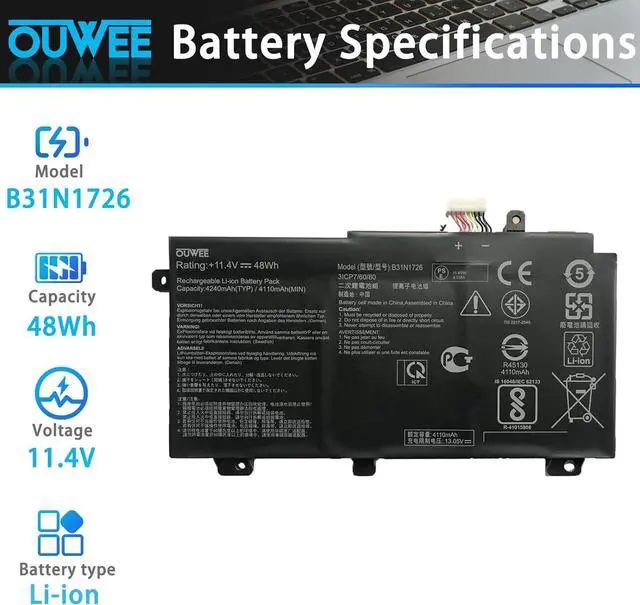 Alt view image 2 of 6 - B31N1726 Battery for Asus FX80 FX86 TUF FX504 FX504G FX504GD FX504GE FX504GM FX505 FX505DT FX505DV FX505DU A15 FA506IU A17 FA706II Serie 11.4V 48Wh(Shape-A)