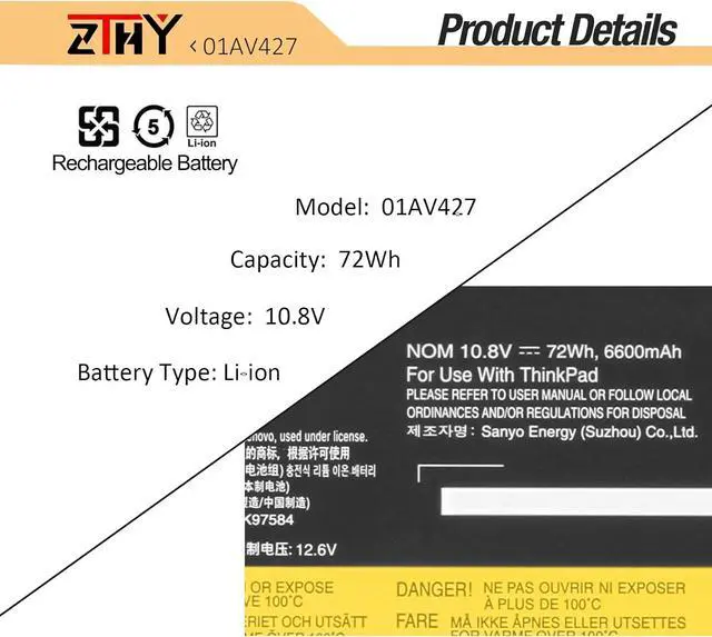Alt view image 3 of 7 - 01AV427 01AV425 72Wh 61++ Laptop Battery Compatible with Lenovo ThinkPad T480 T470 P51S P52S T570 T580 A485 A475 TP25 Series 4X50M08812 01AV422 01AV423 01AV424 01AV428 01AV490 01AV492 01AV452 10.8V