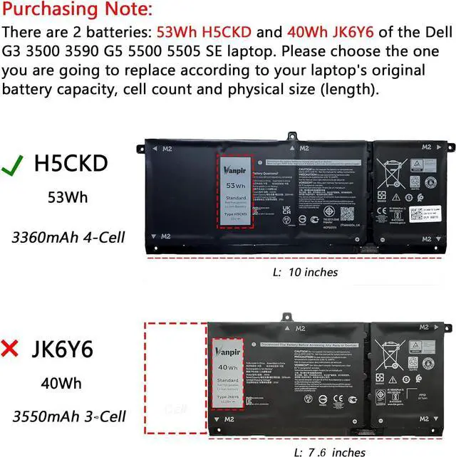 Alt view image 3 of 7 - H5CKD Laptop Battery, 15V 53Wh 3360mAh Compatible with Dell Vostro 5300 5401 5501 Latitude 3410 3510 Inspiron 5300 5401 5408 5501 5508 5400 7405 7300 7500 2-in-1 Silver Series 07T8CD