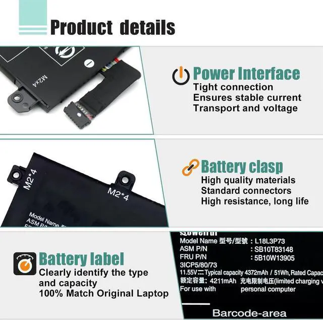 Alt view image 4 of 7 - L18L3P73 L18M3P74 L18C3P72 L18M3P73 51Wh Replacement Battery for Lenovo ThinkPad T14 Gen1/Gen2,ThinkPad T490/T495/P43S/P14s Series Laptop 02DL007/SB10K97646 11.55V 4372mAh